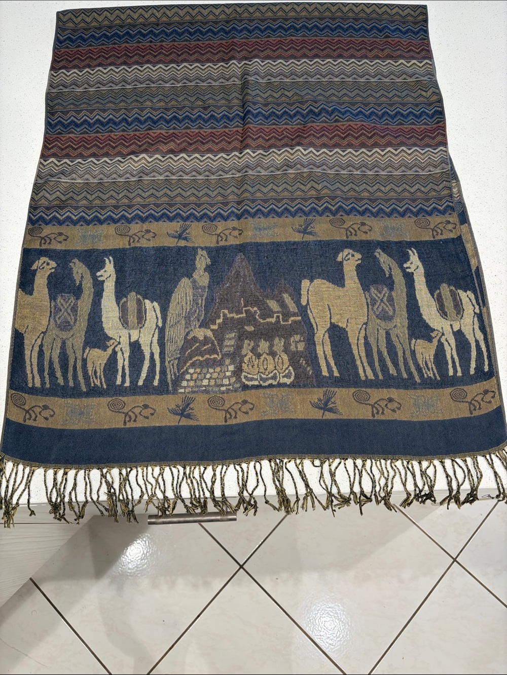 360 Cashmere Blue and Tan Llama Motif Woven Wrap Scarf